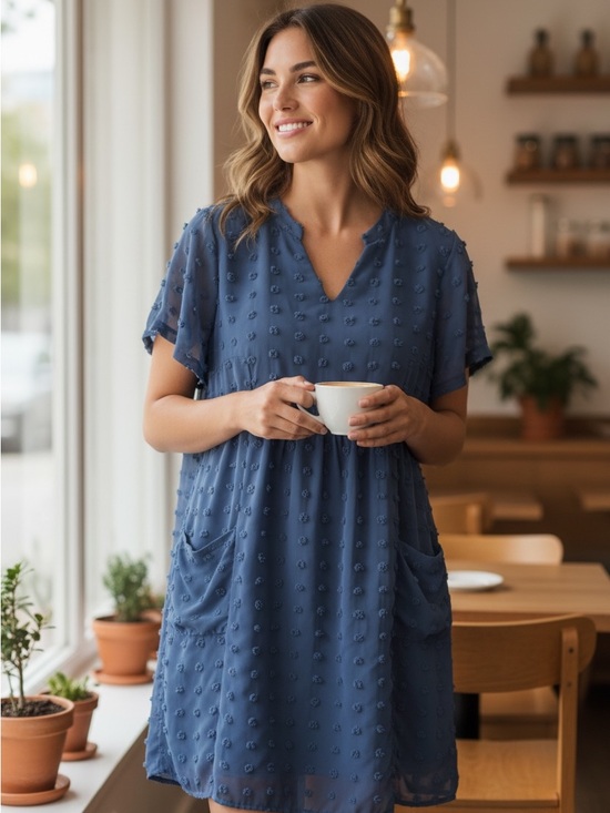 MIHOLL Dresses & Skirts - Relaxed Navy Blue Textured V-Neck Mini Dress